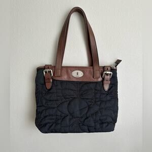FOSSIL Key Per Black Nylon Quilted Brown Leather Accent Shoulder Bag